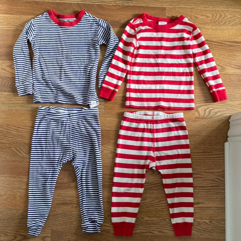 Two pairs organic cotton 2T Pajamas: Hanna Andersson red/white & Gap navy/white